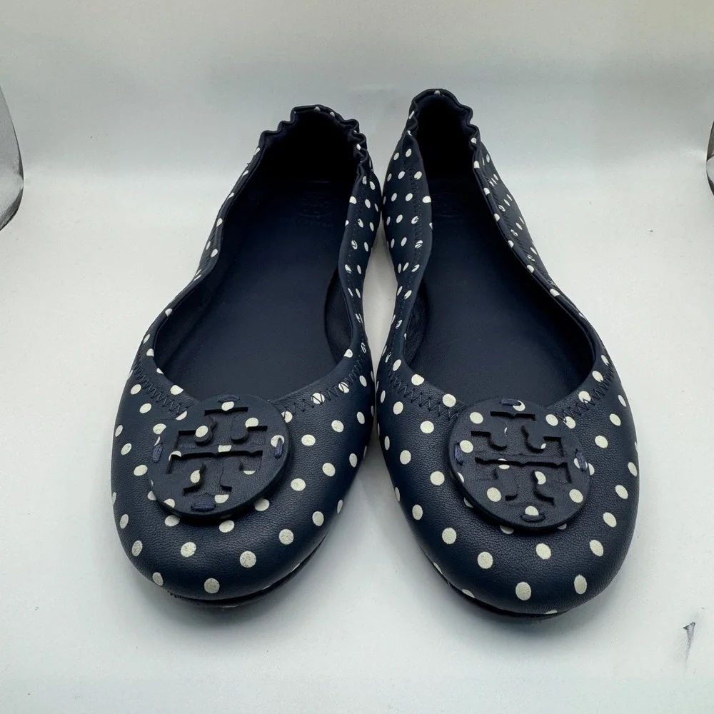 Tory Burch Minnie Travel Ballet Flats Navy Blue Polka Dot Leather Logo 8M 64985